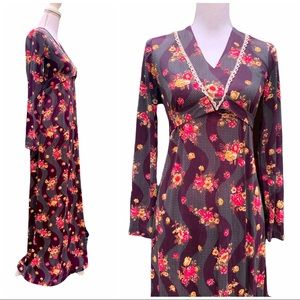 Vintage 70's Floral Empire Waist Maxi Dress XS Flower Power